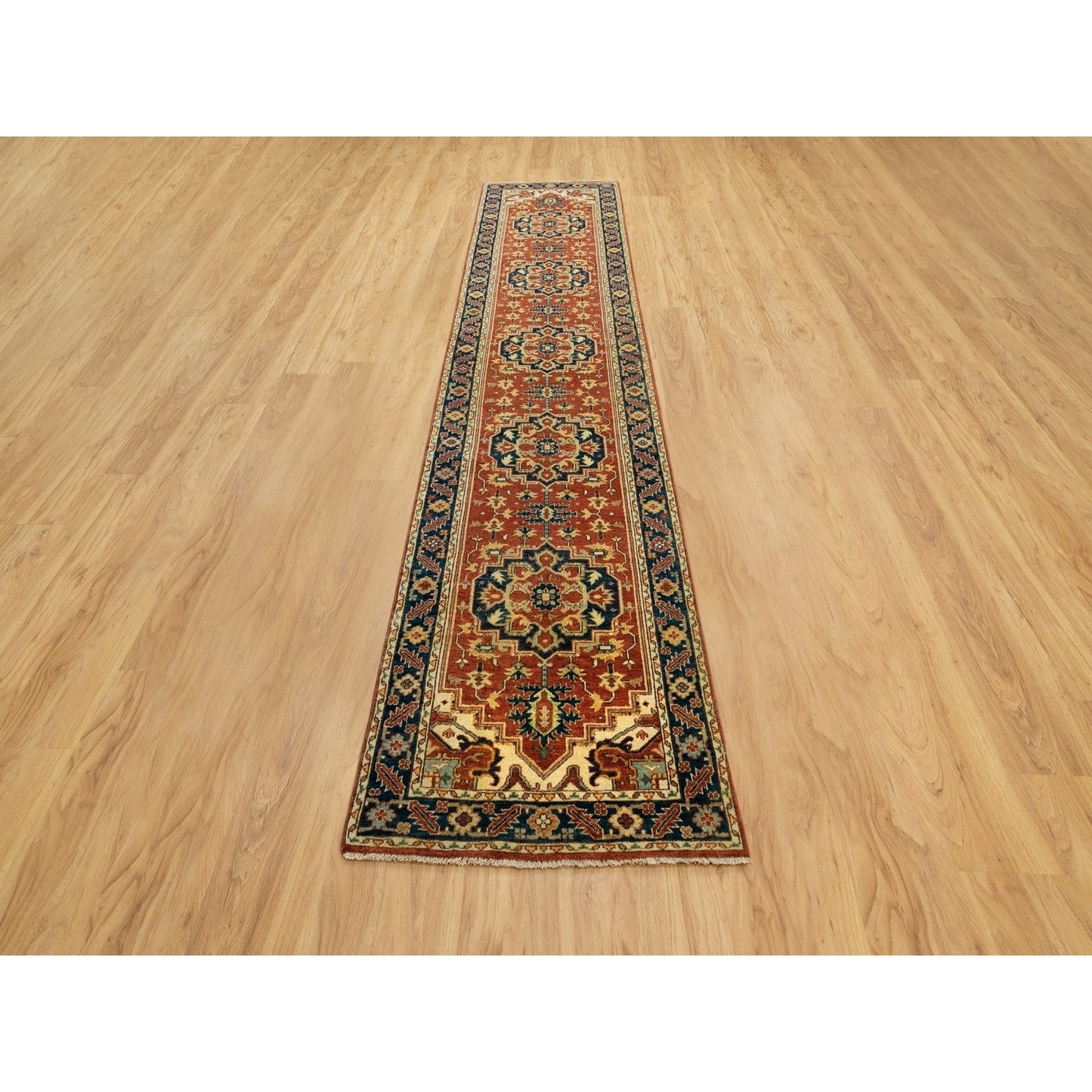 2'6"X12'2" Organic Wool Red Antiqued Heris Re-Creation Hand Knotted Rug