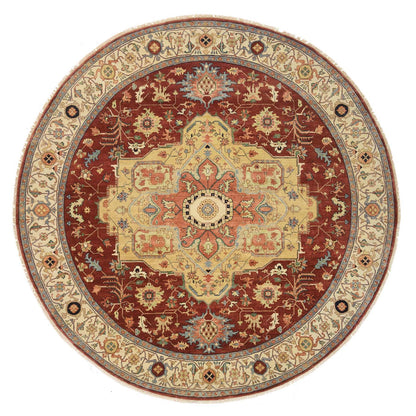 10'X10' Red Hand Spun Wool Hand Knotted Antiqued Fine Heris Round Rug