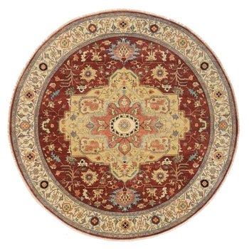 10'X10' Red Hand Spun Wool Hand Knotted Antiqued Fine Heris Round Rug