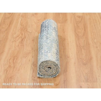 2'6"X7'9" Blue Modern Design Wool And Silk Hand Knotted Runner Rug