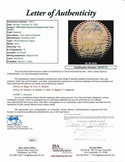 1954 World Series Champs Giants Team 32 Signed/ W. Mays Onl Baseball Jsa 149565
