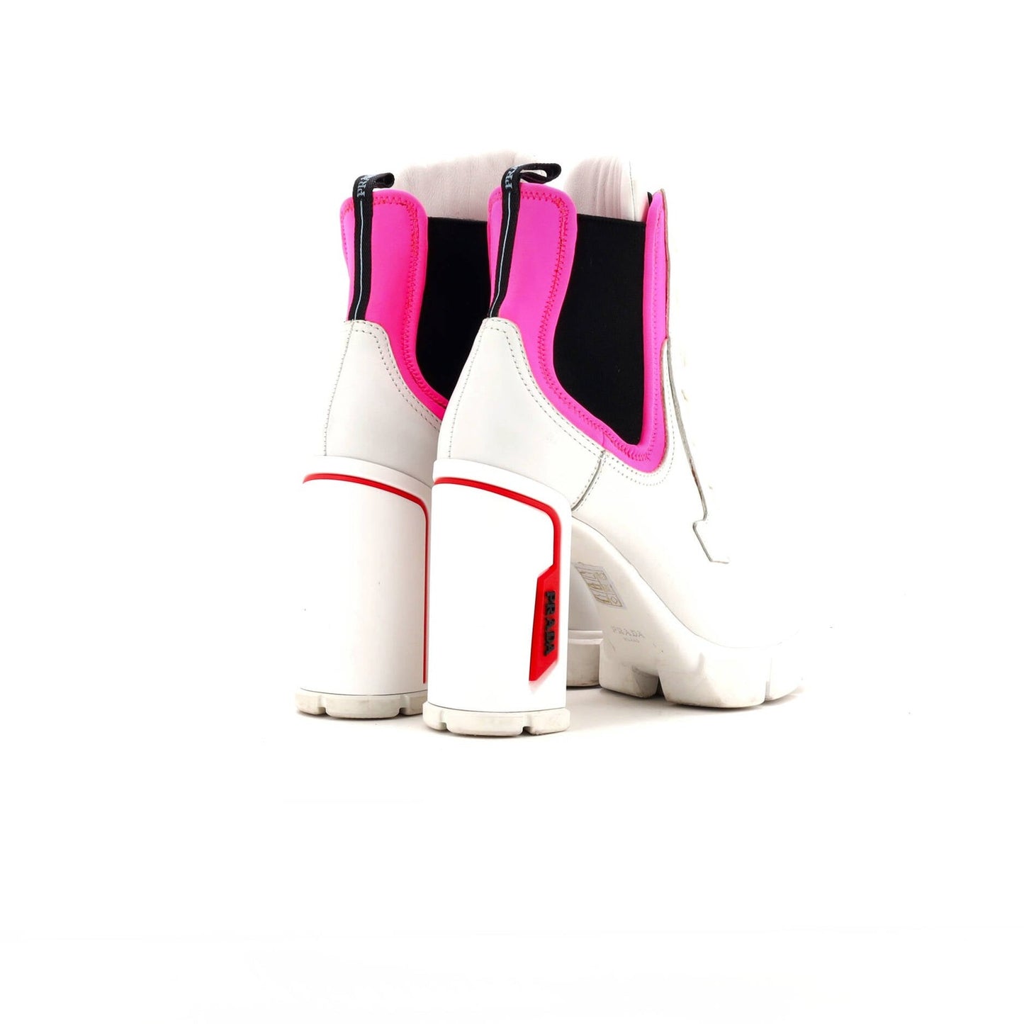 Prada Women'S Heeled Lug Sole Combat Boots Leather And Neoprene