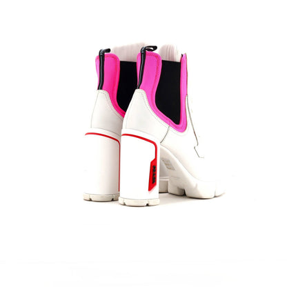 Prada Women'S Heeled Lug Sole Combat Boots Leather And Neoprene