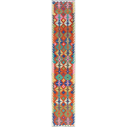 2'9"X15'10" Orange Afghan Kilim Pure Wool Flat Weave Hand Woven Runner Rug