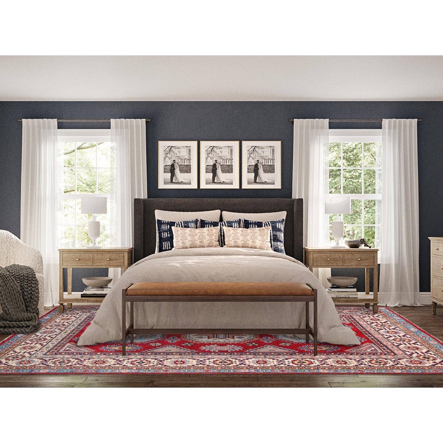 6'X8'9" Toreador Red Hand Knotted Wool Kazak Large Elements Oriental Rug