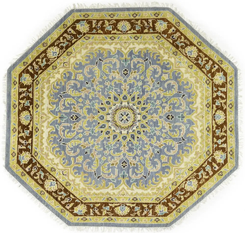 Handmade Oushak Blue Wool Octagon Floral Design 6X6 ft Oriental Home Carpet