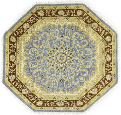 Handmade Oushak Blue Wool Octagon Floral Design 6X6 ft Oriental Home Carpet