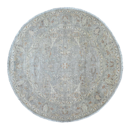 6'X6' Blue Ziegler Mahal Design Washed Out Hand Knotted Wool Round Rug