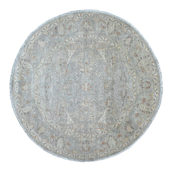 6'X6' Blue Ziegler Mahal Design Washed Out Hand Knotted Wool Round Rug