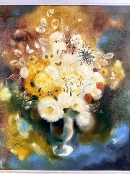 Yves Chaix Oil Painting Bouquet Blanc et Or French Modern Floral Art Framed