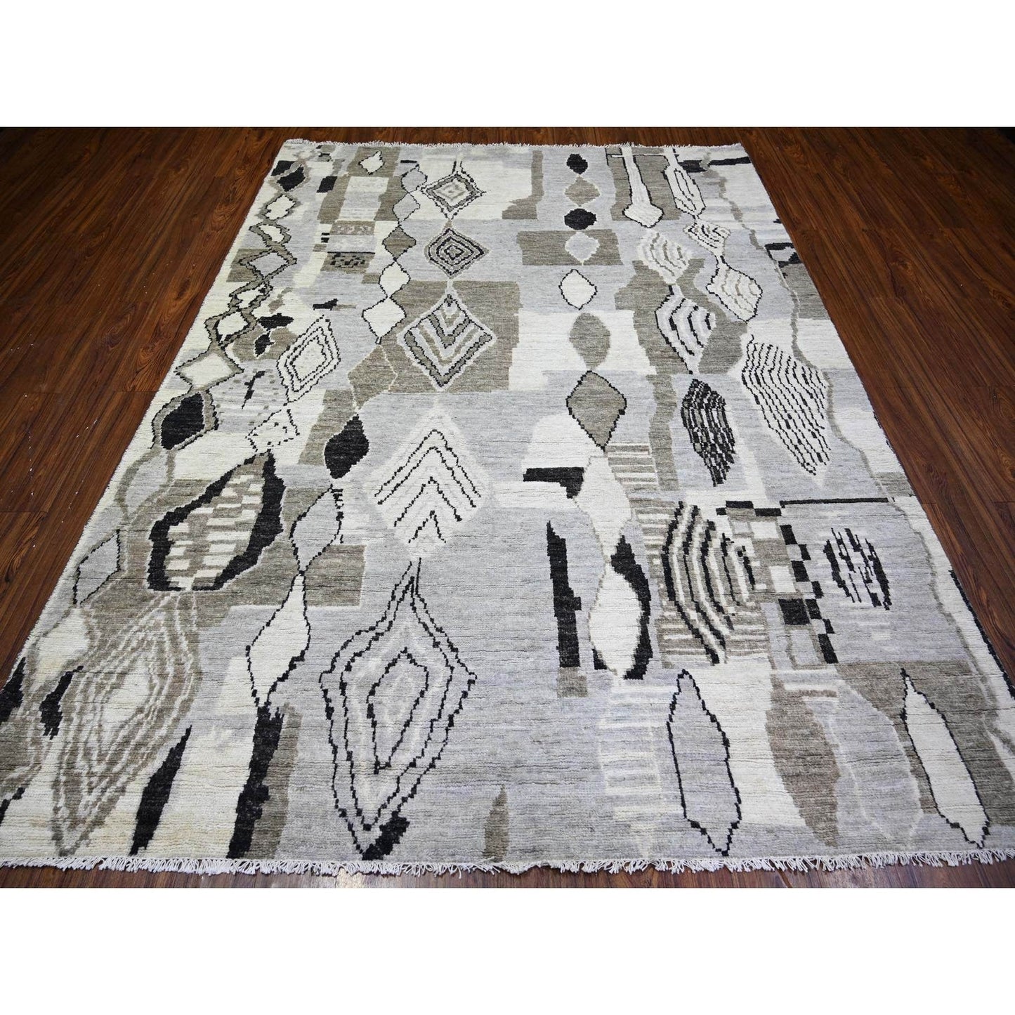 7'4"X9'6" Ivory Wool Hand Knotted Beni Ourain Moroccan Berber Design Rug