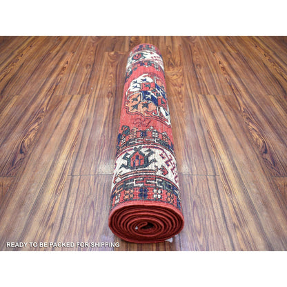 2'8"X9'7" Coral Red Afghan Ersari 100% Wool Hand Knotted Runner Rug