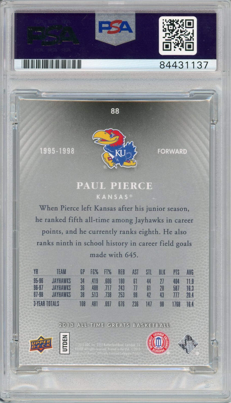 Paul Pierce "Hof 21" Autographed 2013 Upper Deck