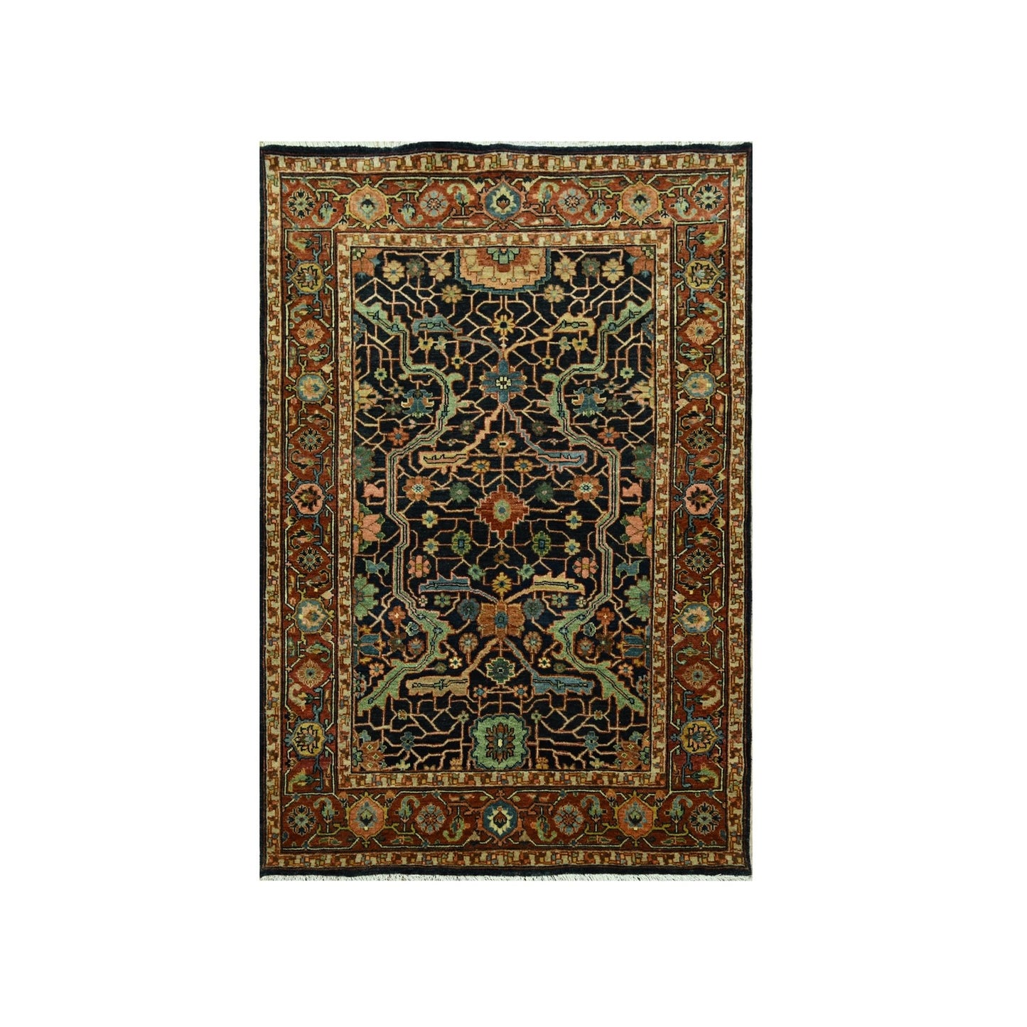4'1"x6' Navy Blue Heris All Over Design Hand Knotted Soft Wool Pile Rug