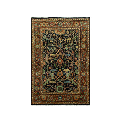 4'1"x6' Navy Blue Heris All Over Design Hand Knotted Soft Wool Pile Rug
