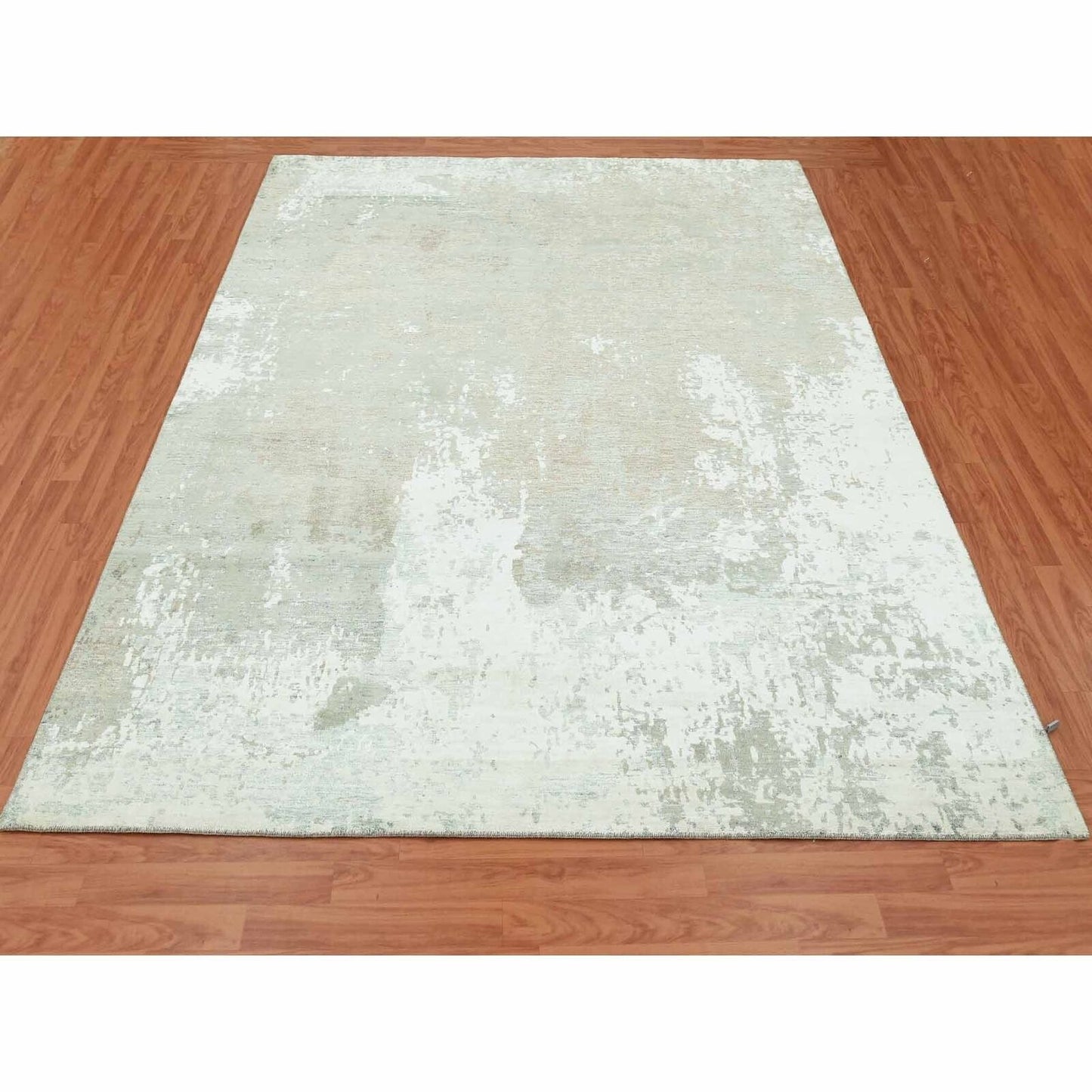 8'X10' White Hand Knotted Galaxy Abstract Design Wool And Silk Rug
