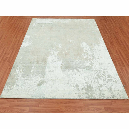 8'X10' White Hand Knotted Galaxy Abstract Design Wool And Silk Rug