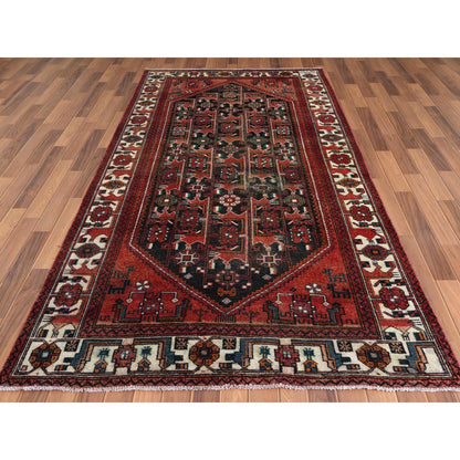 5'X9'10" Semi Antique Hand Knotted Red Farsian Sheeraz Sheared Low Rug