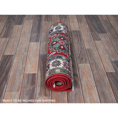 2'1"X6' Red Kazak With Tribal Design Hand Knotted Soft Wool Runner Rug