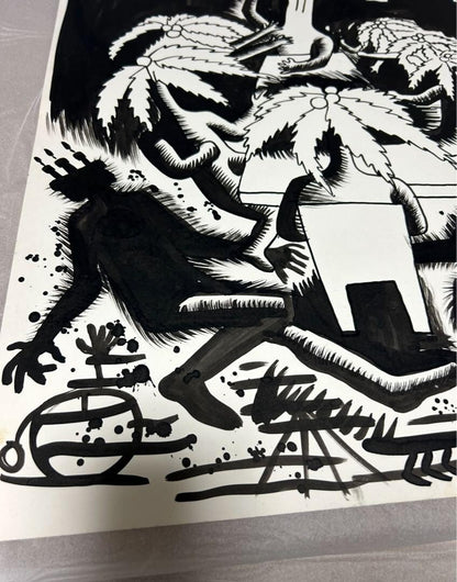 Mark Kostabi 1984 Original Painting Drawing Black Ink On Paper Signed Coa