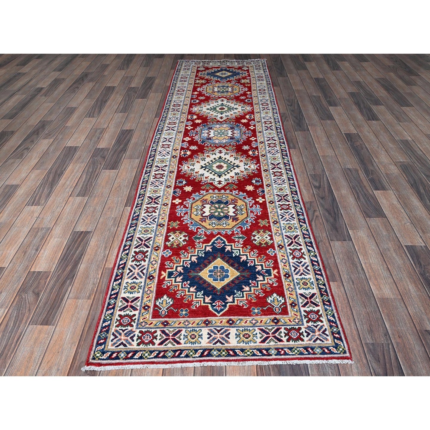 2'9"X9'8" Red Kazak With Geometric Design Soft Wool Hand Knotted Runner Rug