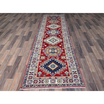 2'9"X9'8" Red Kazak With Geometric Design Soft Wool Hand Knotted Runner Rug