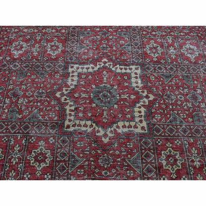 9'X12' Red Vintage Look Mamluk Worn Wool Hand Knotted Rug