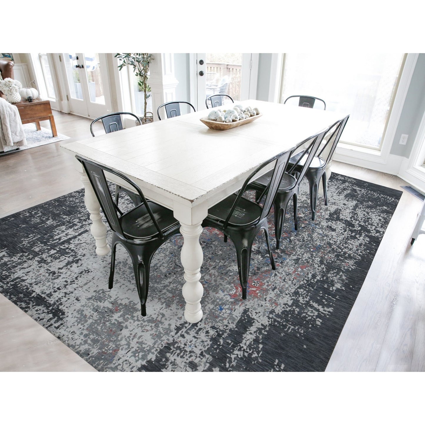 9'2"x12' Arsenic Gray Wool and Silk Erased Heris Design Hand Knotted Rug