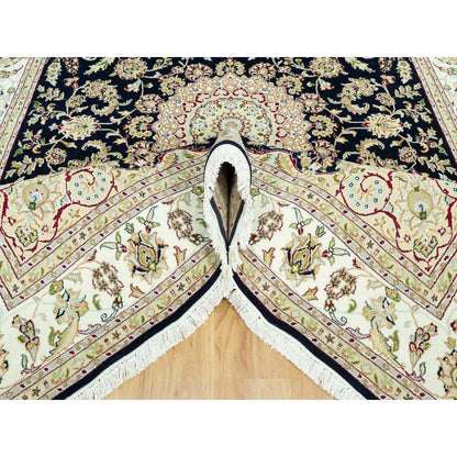 7'9"X9'9" Dark Night Blue Nain Floral Design 250 Kpsi Hand Knotted Rug