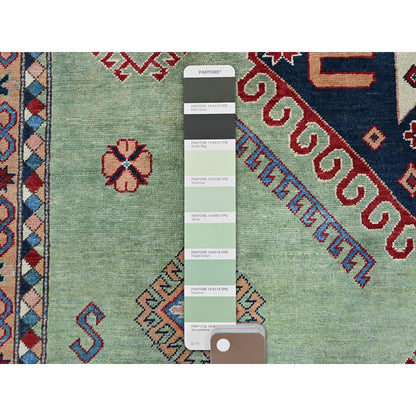 9'2"X11'7" Green Special Kazak Geometric Design Hand Knotted Pure Wool Rug
