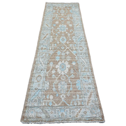 2'9"X9'6" Brown Angora Oushak Leaf Design Hand Knotted Wool Runner Rug