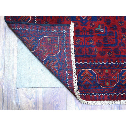 2'8"X12'9" Deep Red Afghan Khamyab Soft Wool Hand Knotted Runner Rug