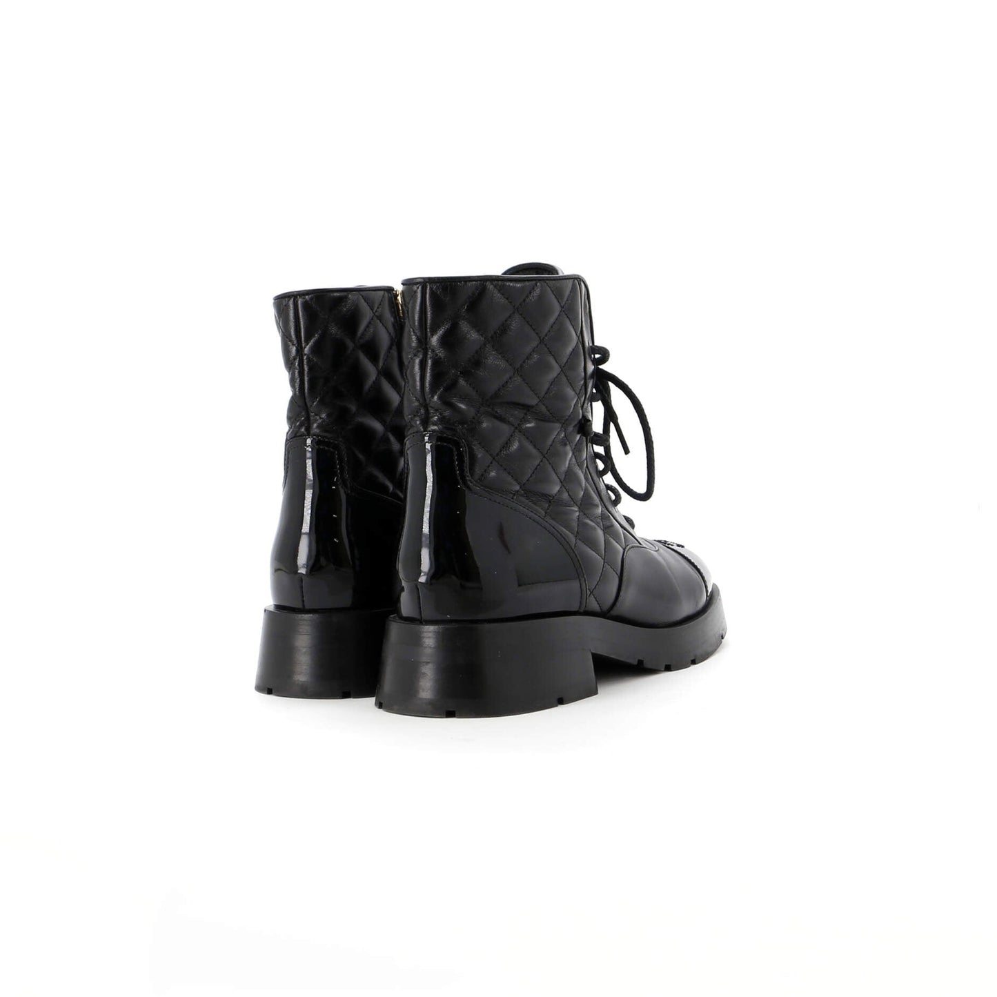 Chanel Women'S Charm Chain Cc Cap Toe Combat Boots Quilted Leather