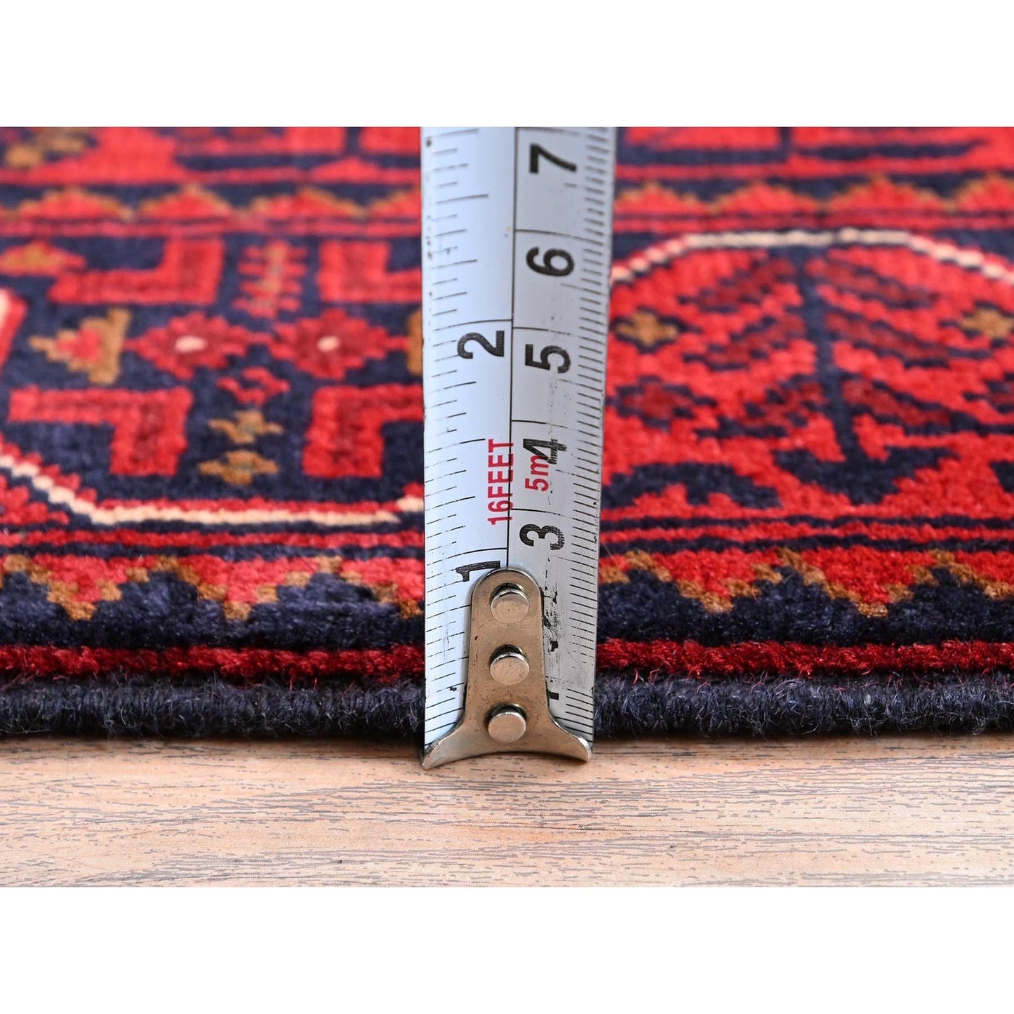 1'9"X5' Red Hand Knotted Afghan Khamyab Geometric Design Wool Runner Rug