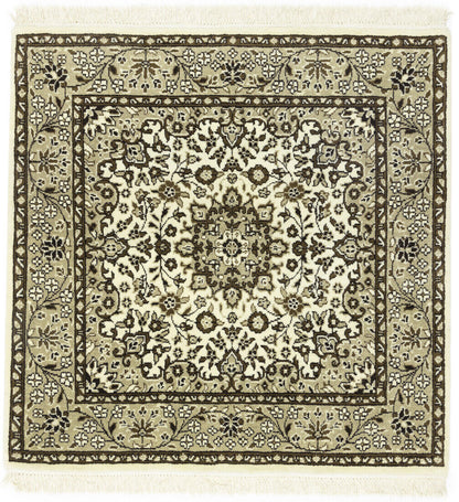 Handmade Kirman Square Rug Cream Floral Medallion