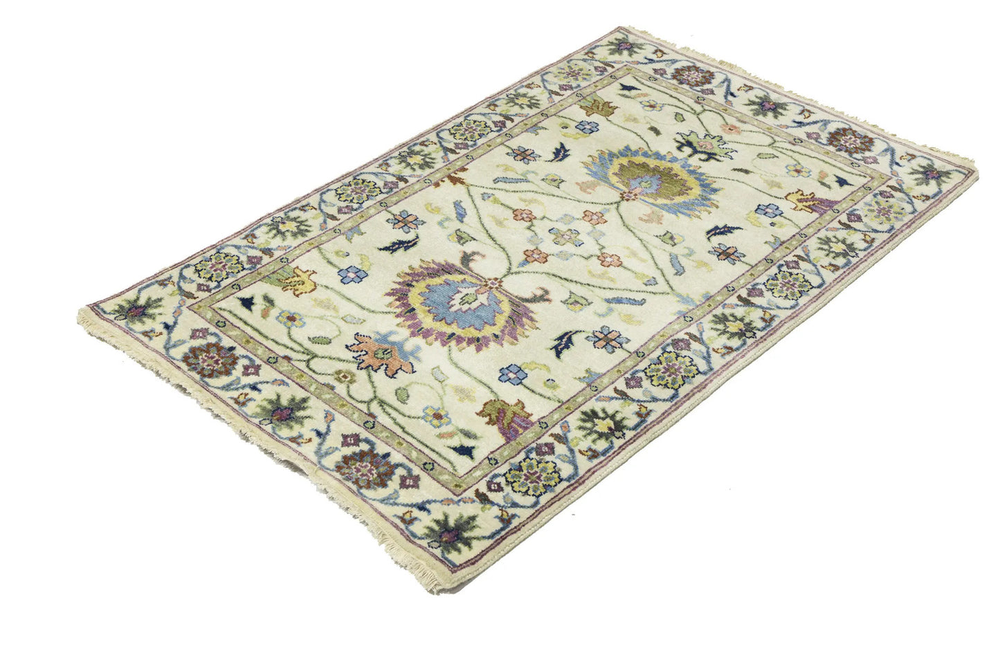 Handmade cream floral design oushak chobi rug small oriental size carpet
