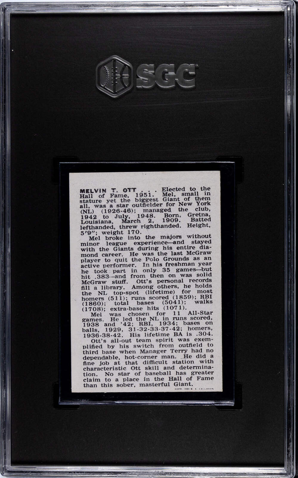 Mel Ott 1950-56 Callahan Hof Sgc 6