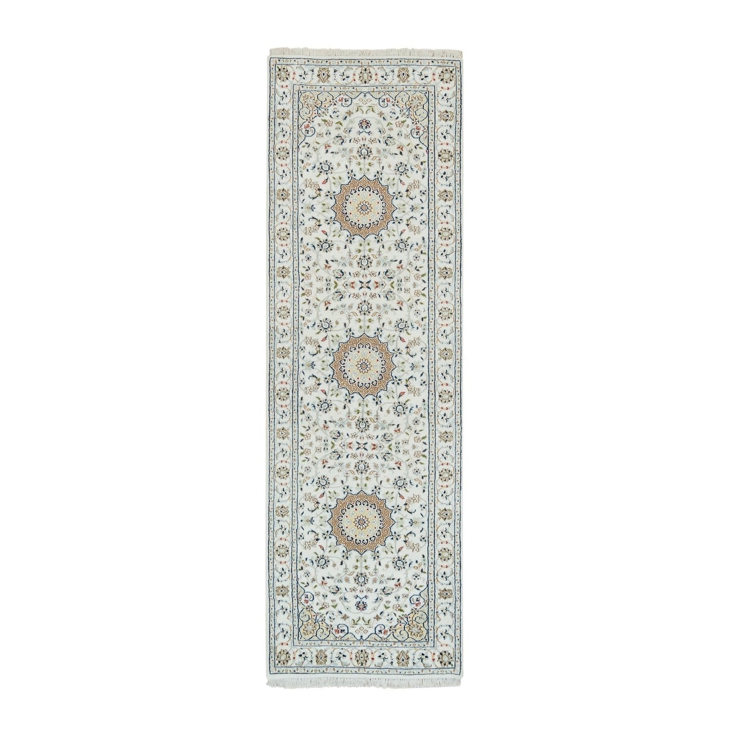 2'8"X8'4" Powder White Wool Hand Knotted Nain Design 250 Kpsi Runner Rug