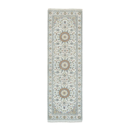 2'8"X8'4" Powder White Wool Hand Knotted Nain Design 250 Kpsi Runner Rug