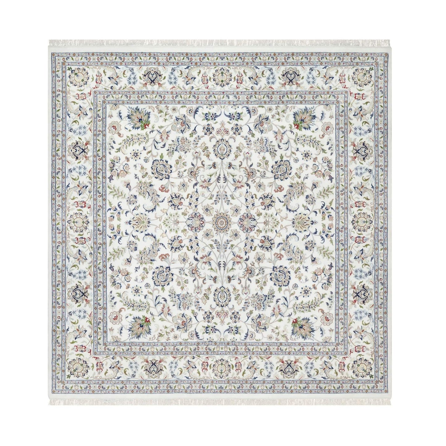 10'X10' White Wool And Silk Hand Knotted 250 Kpsi Nain Design Square Rug