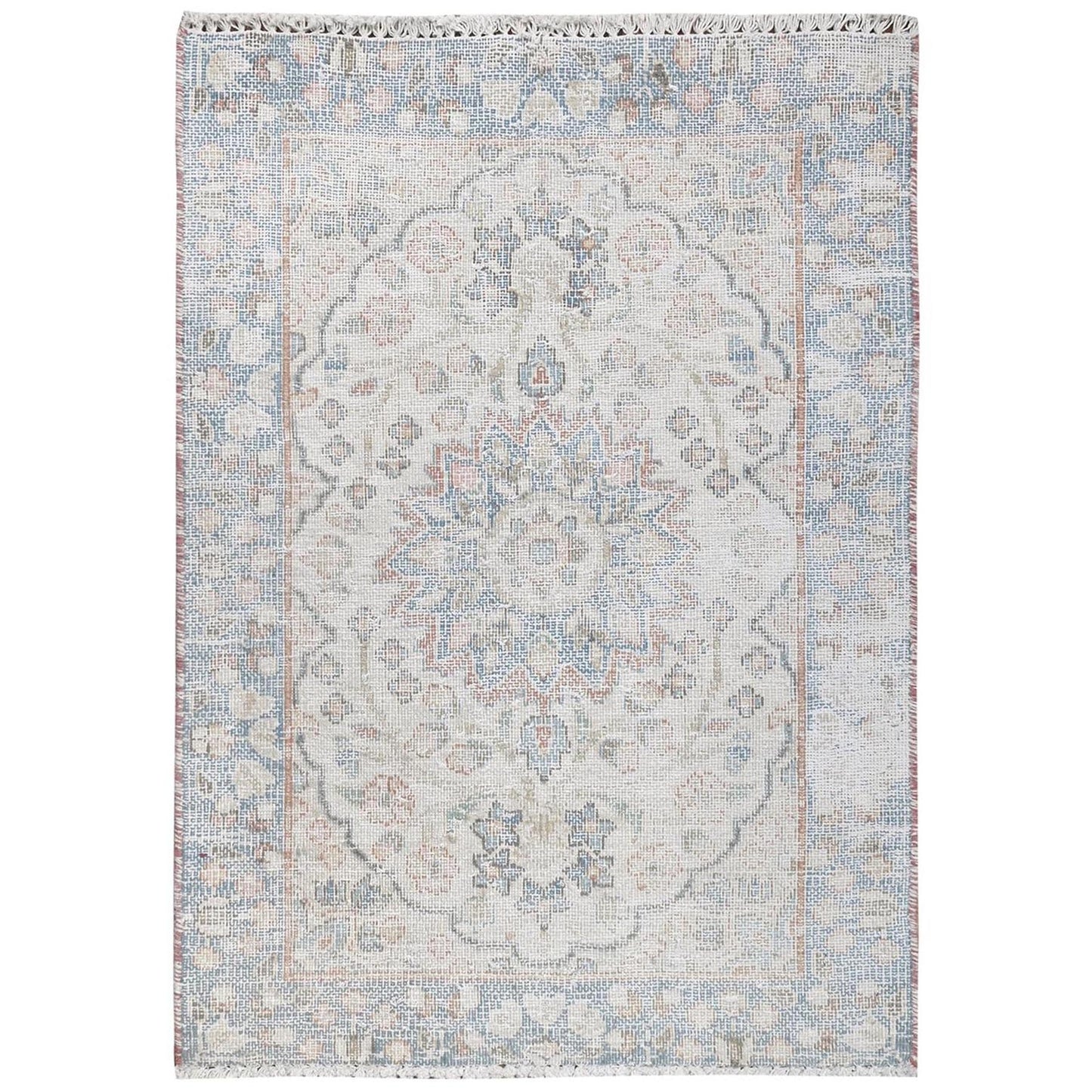 2'X2'9" Ivory Old Farsian Karman Worn Wool Hand Knotted Mat Rug