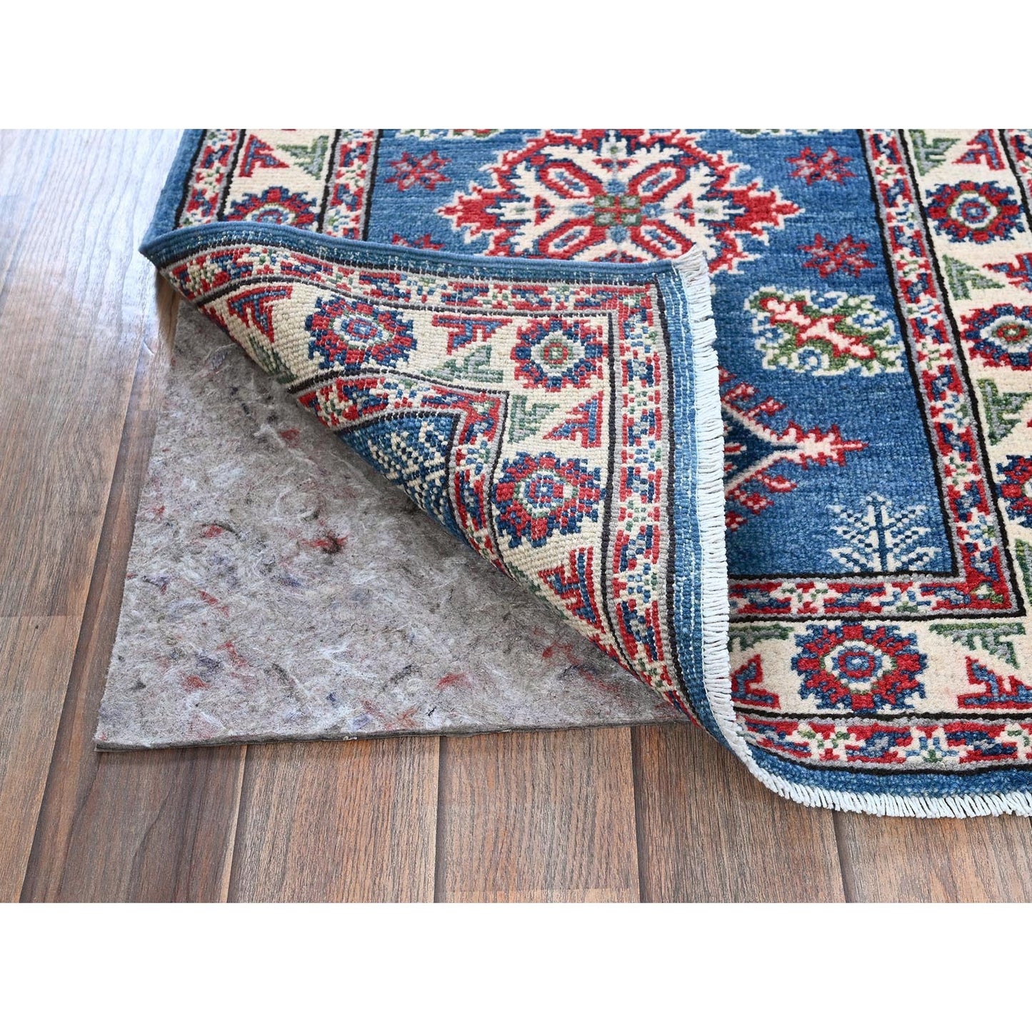 2'1"X5'10" Blue Kazak With Tribal Design Hand Knotted Soft Wool Runner Rug