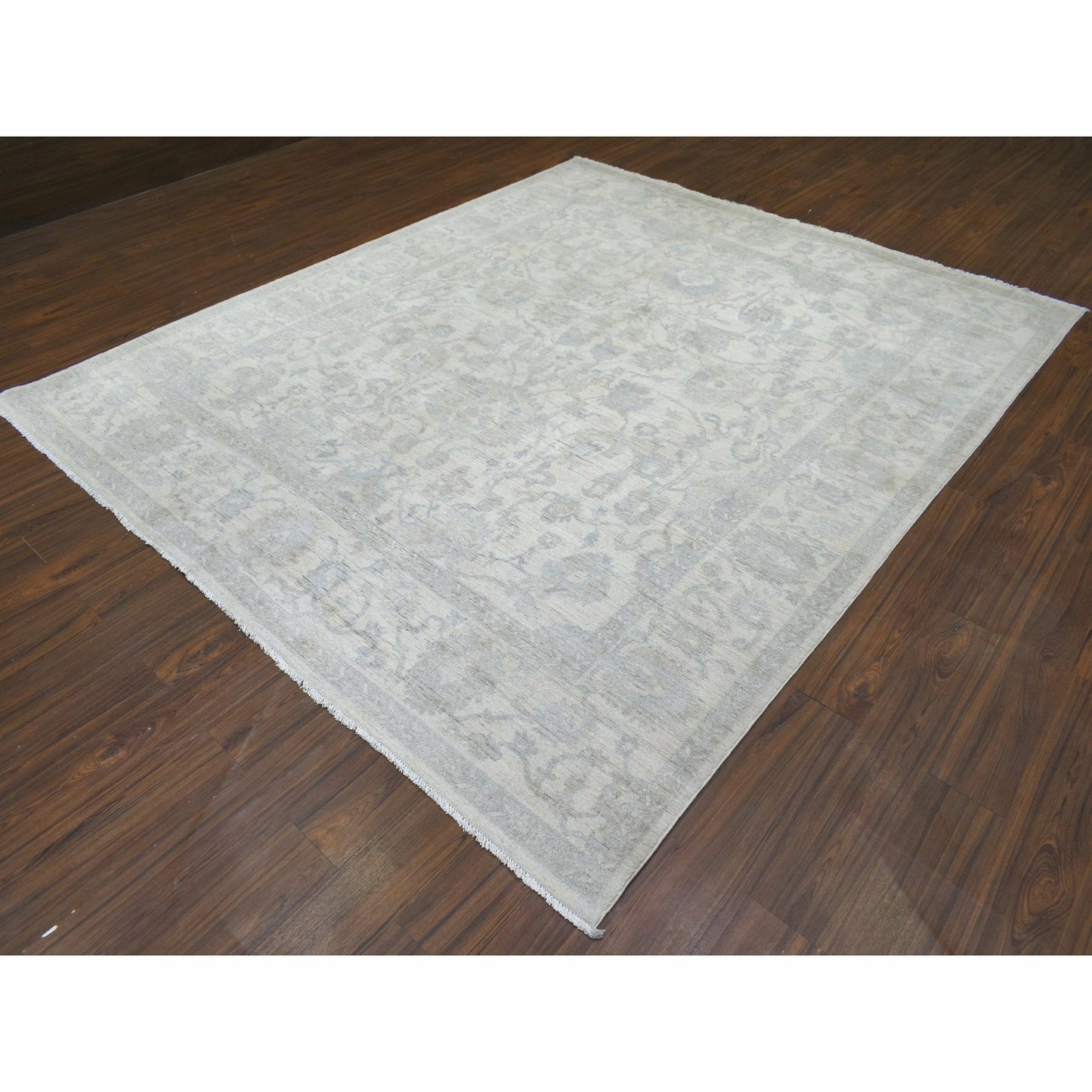 8'3"x9'8" Ivory White Wash Peshawar Organic Wool Hand Knotted Rug