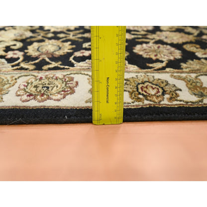2'6"x8' Black Hand Knotted Rajasthan Leaf Design Wool and Silk Runner Rug