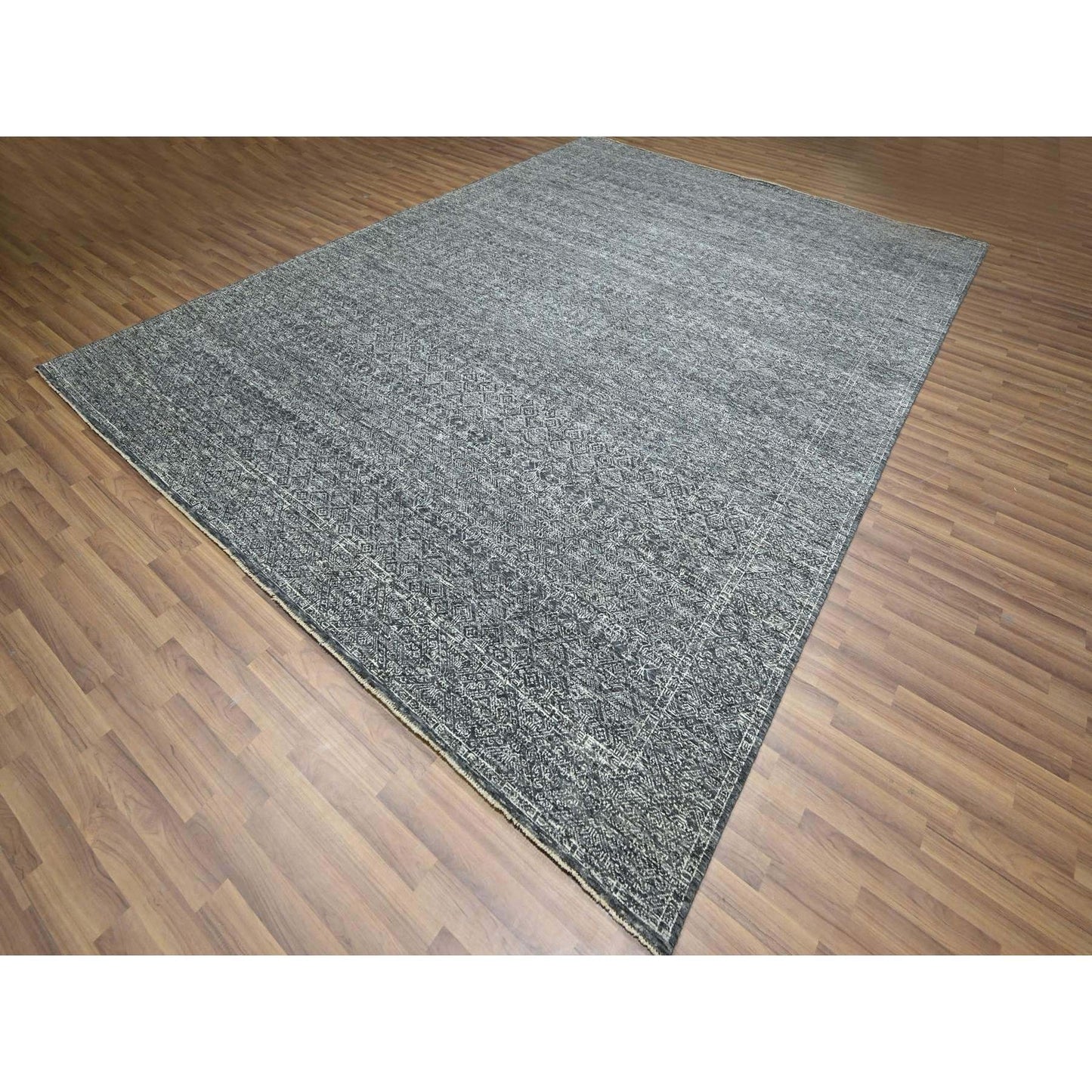 Rug 9'2"x12'1" Gray Geometric Garden Pattern Agra Hand Knotted Pure Wool