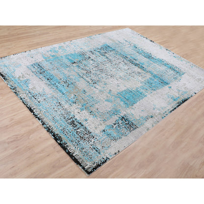 8'9"X11'10" Teal Blue Jewellery Design Silk With Textured Wool Rug