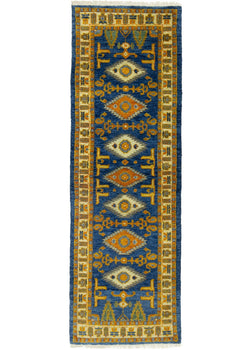 Vintage Style Blue Geometric Kazak Runner Rug