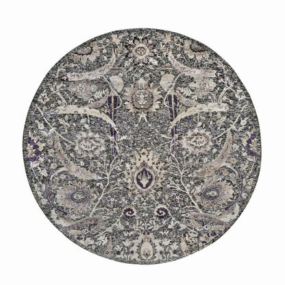 8'X8' Brown Hand Knotted Wool And Silk Sickle Leaf Round Oriental Rug