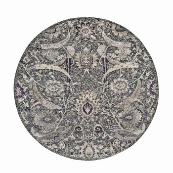 8'X8' Brown Hand Knotted Wool And Silk Sickle Leaf Round Oriental Rug