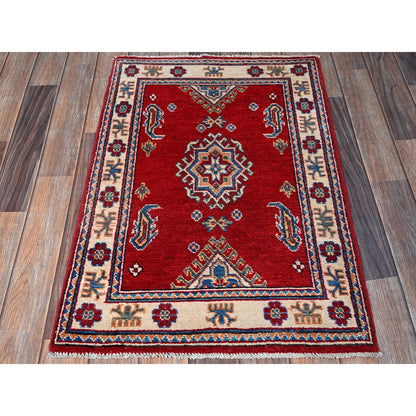 2'1"X3'1" Red Kazak With Medallion Design Hand Knotted Soft Wool Sample Rug